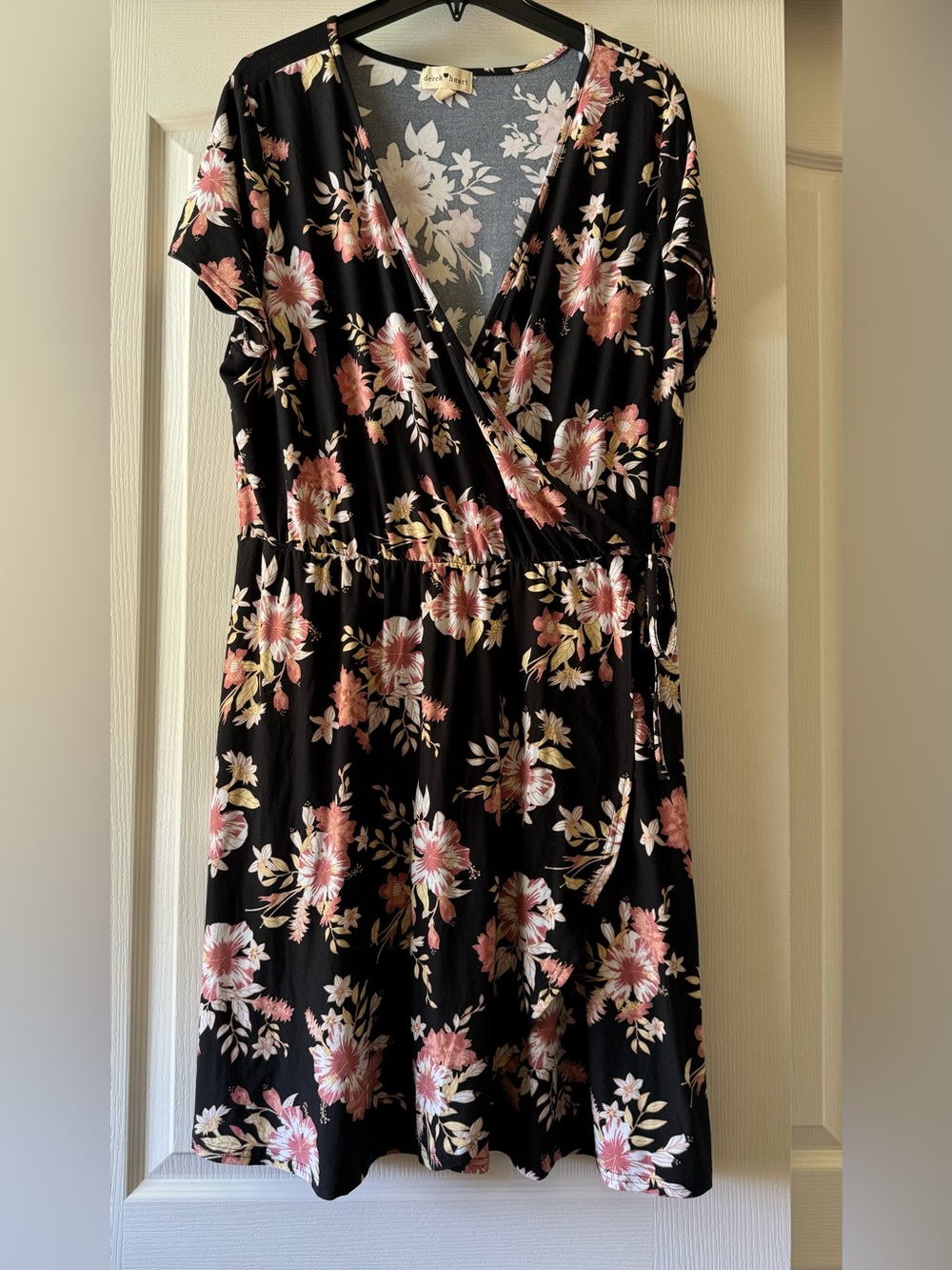 Derek Heart Black Floral Wrap-Style Dress with Pink and Cream Flowers